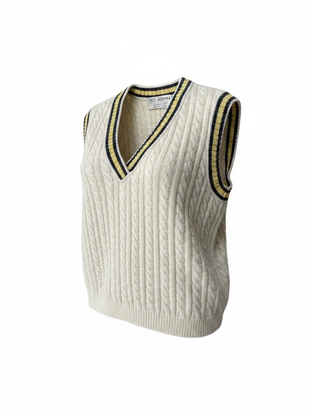 St John Collection Vintage Cable Knit Sweater Vest Preppy V-neck Tennis Petite
